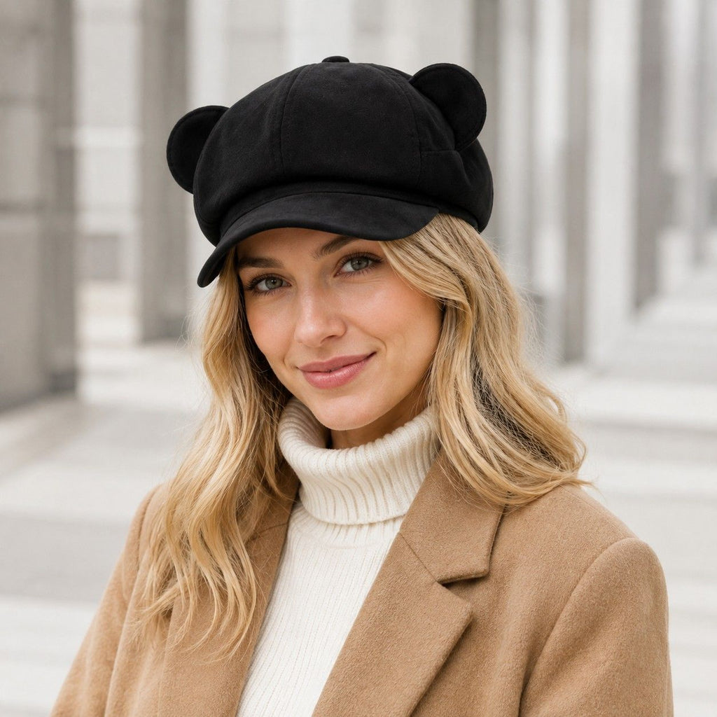 Faux Suede Bear Ear Newsboy Cap Cute Short Brim Baker Boy Hat