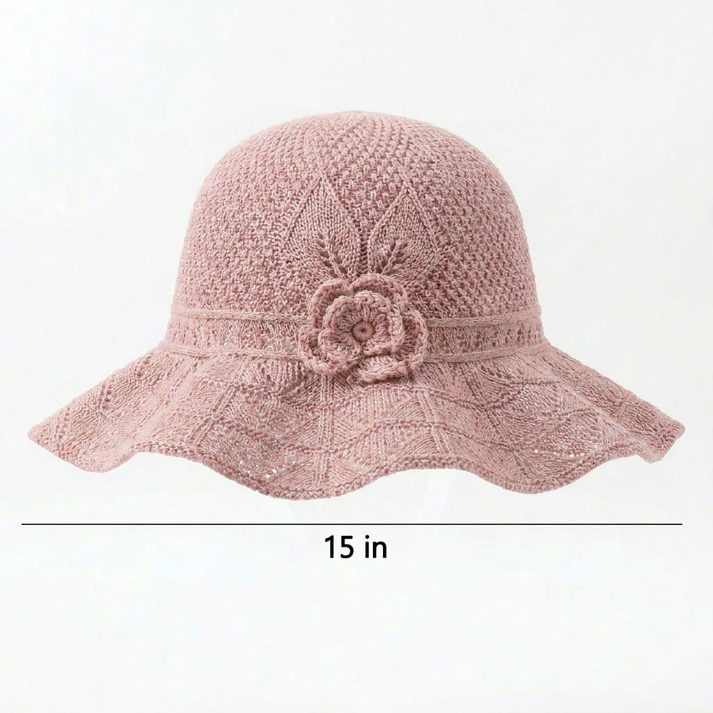 Crochet Wide Brim Sun Hat with Floral Accent Scalloped Edge and Chin Strap