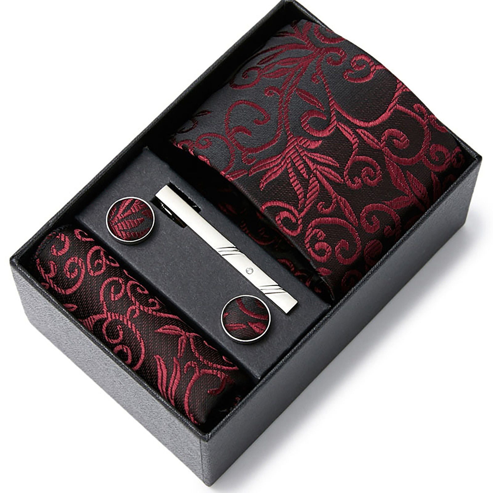 Men's Baroque Floral Tie Gift Set with Matching Pocket Square Cufflinks and Silver Tie Clip
