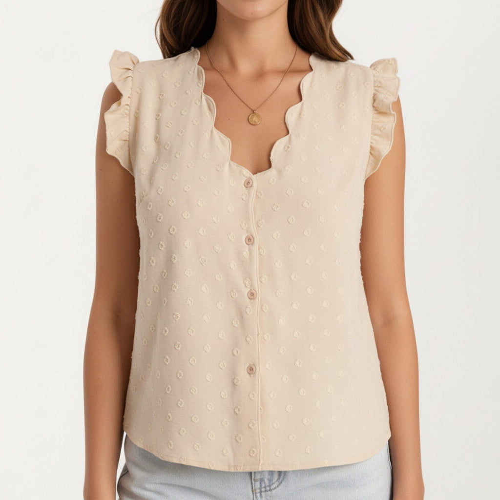 Anna-Kaci Women's Sleeveless Swiss Dot Button Front Top with Ruffle Shoulders and Scalloped Neckline