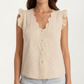 Anna-Kaci Women's Sleeveless Swiss Dot Button Front Top with Ruffle Shoulders and Scalloped Neckline