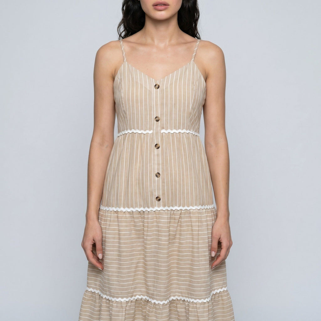Striped Spaghetti Strap Button Front Midi Dress with Rickrack Trim Tiered Skirt and Flowy A Line Silhouette