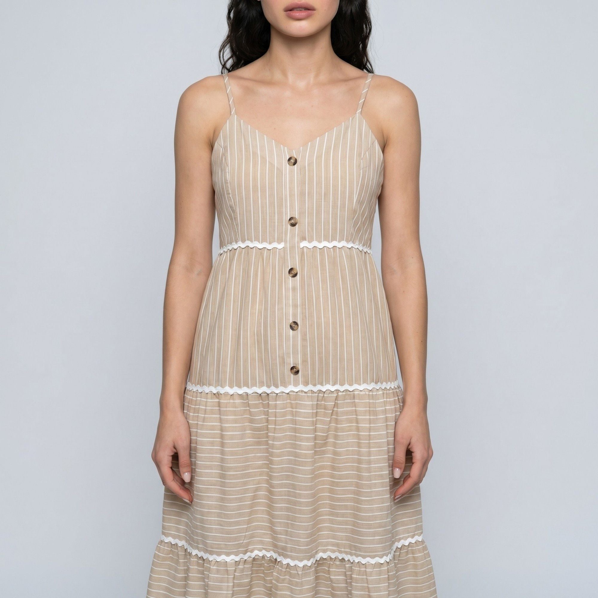 Striped Spaghetti Strap Button Front Midi Dress with Rickrack Trim Tiered Skirt and Flowy A Line Silhouette