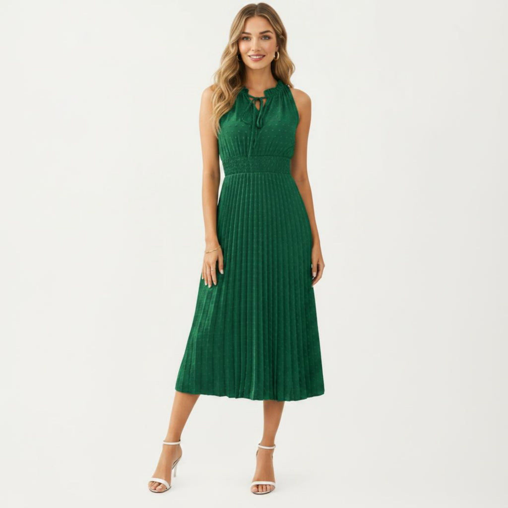 Anna-Kaci Women's Sleeveless Midi Dress with Pleated Skirt and Tie Neck Detail