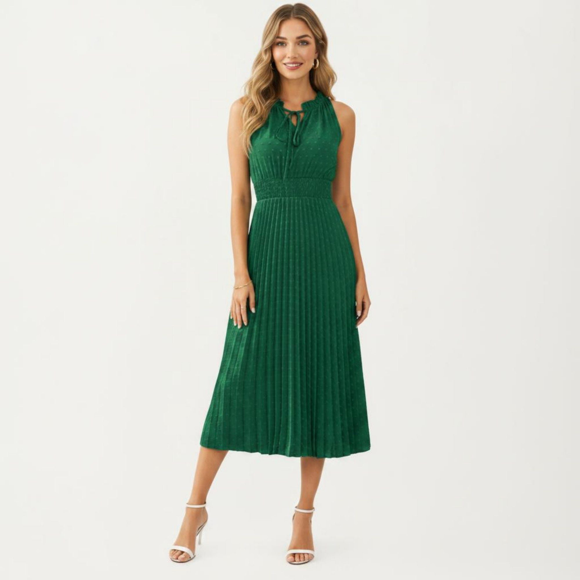 Anna-Kaci Women's Sleeveless Midi Dress with Pleated Skirt and Tie Neck Detail