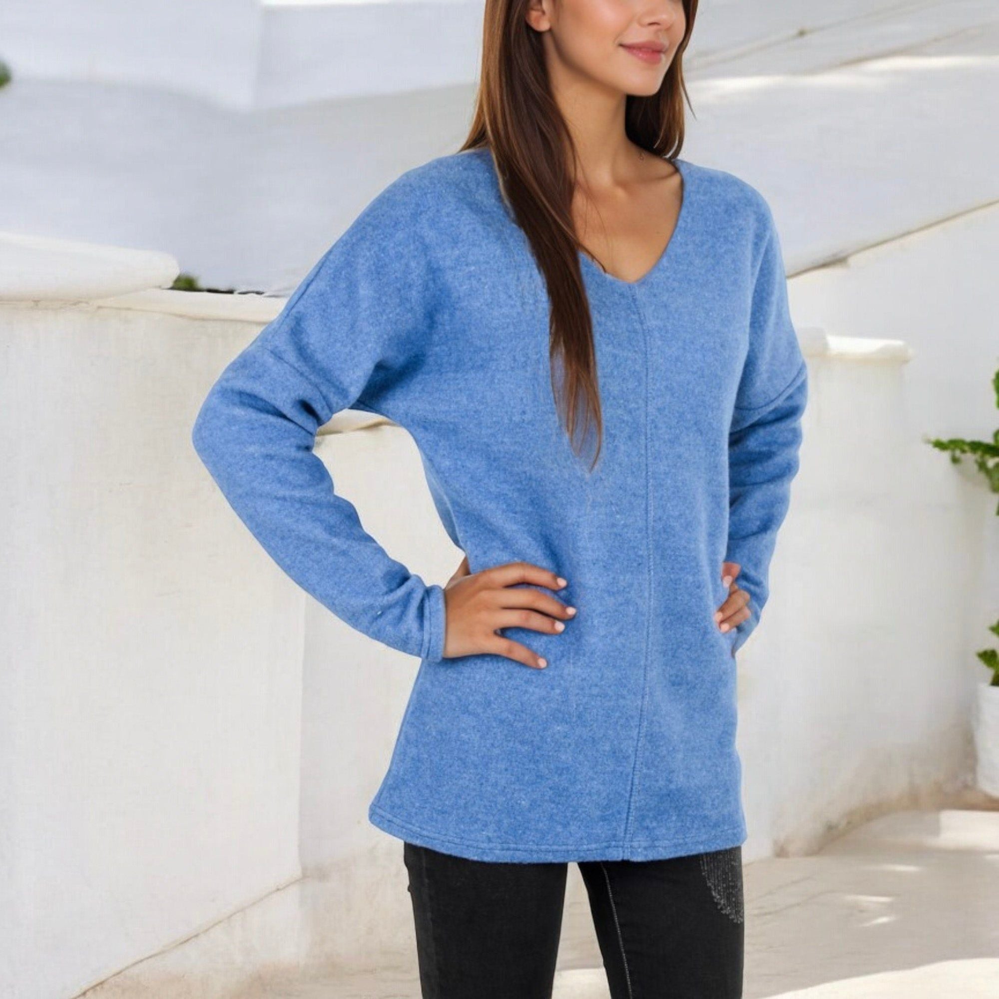 Anna-Kaci Women's Long Sleeve V-Neck Tunic Sweater with Seam Detail