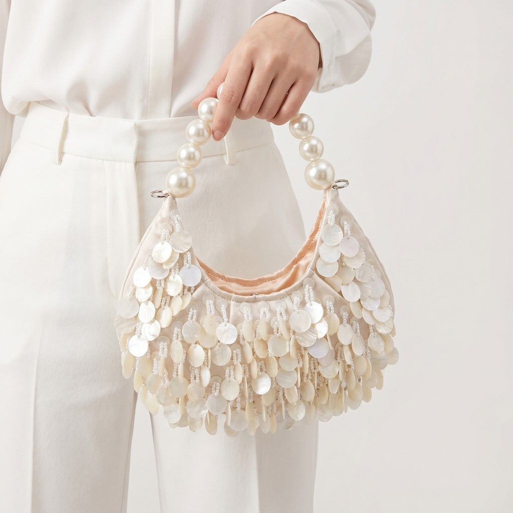 Shell Disc Embellished Shoulder Bag with Faux Pearl Handle Beaded Fringe Handbag 9.5x4.5x0.6 in