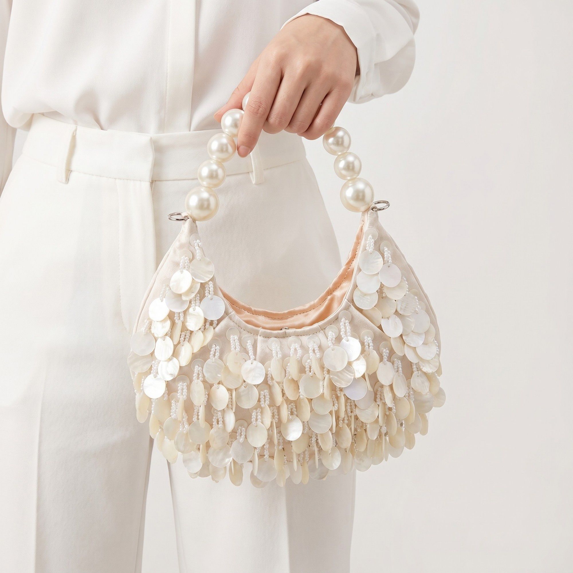 Shell Disc Embellished Shoulder Bag with Faux Pearl Handle Beaded Fringe Handbag 9.5x4.5x0.6 in