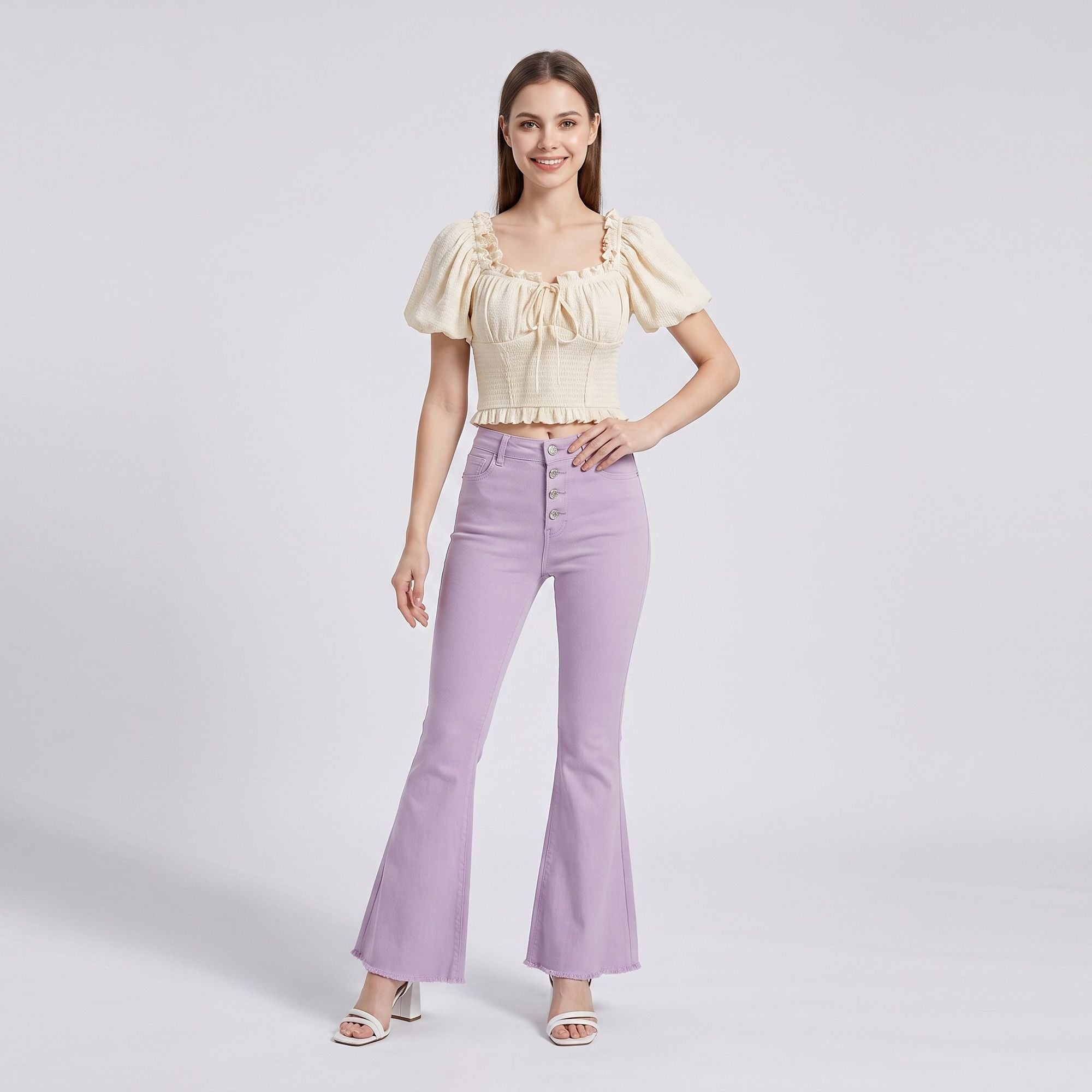 High Rise Flare Pants Button Front Stretch Wide Leg Hem Pants