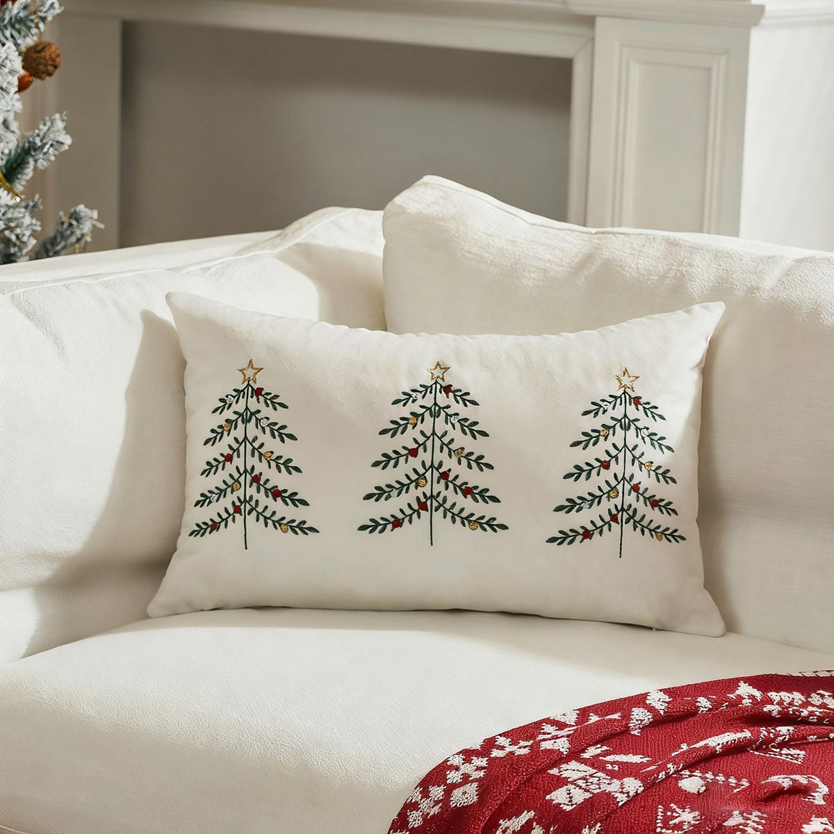 Christmas Tree Embroidered Plush Lumbar Throw Pillow Cover 12 x 20 Inch 1 Pack