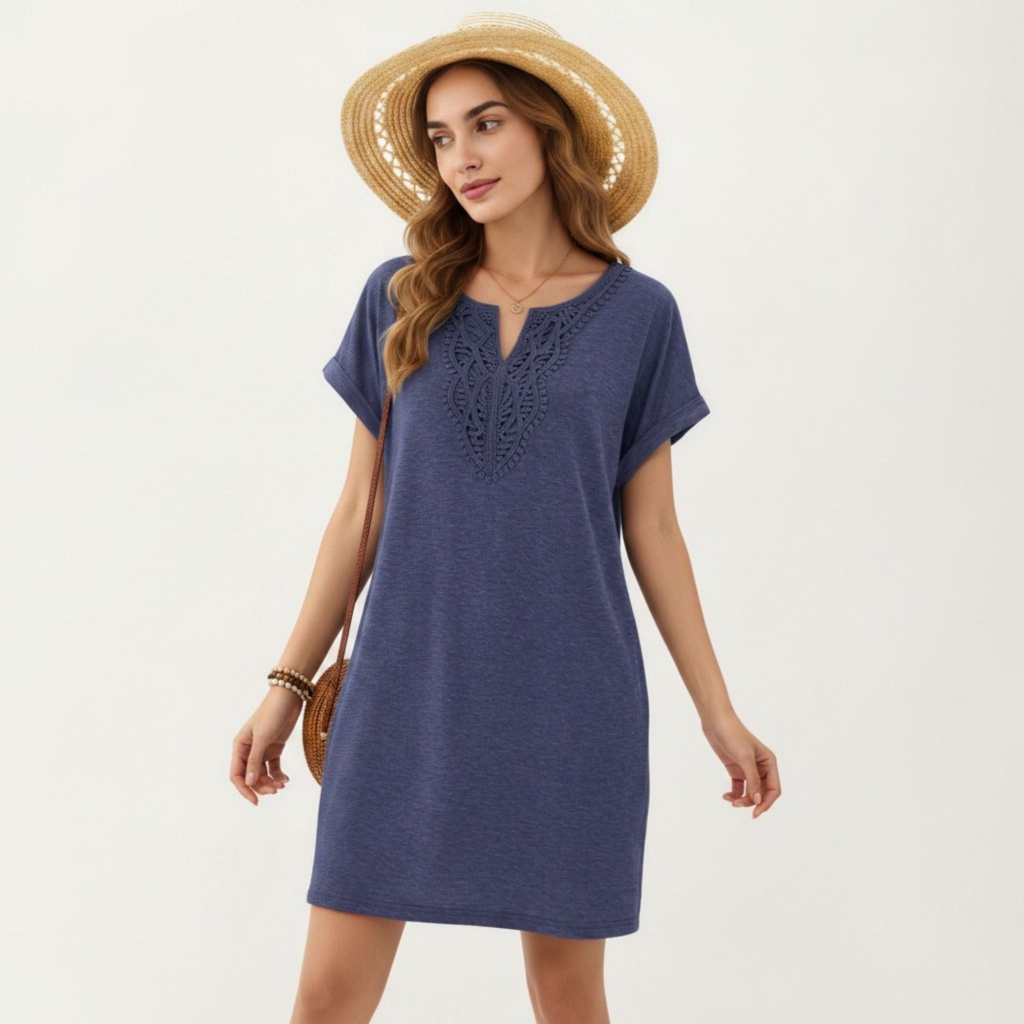 Anna-Kaci Women's Short Sleeve Shift Dress with Split V Neck Embroidered Detail Relaxed Fit Casual Tunic Dress