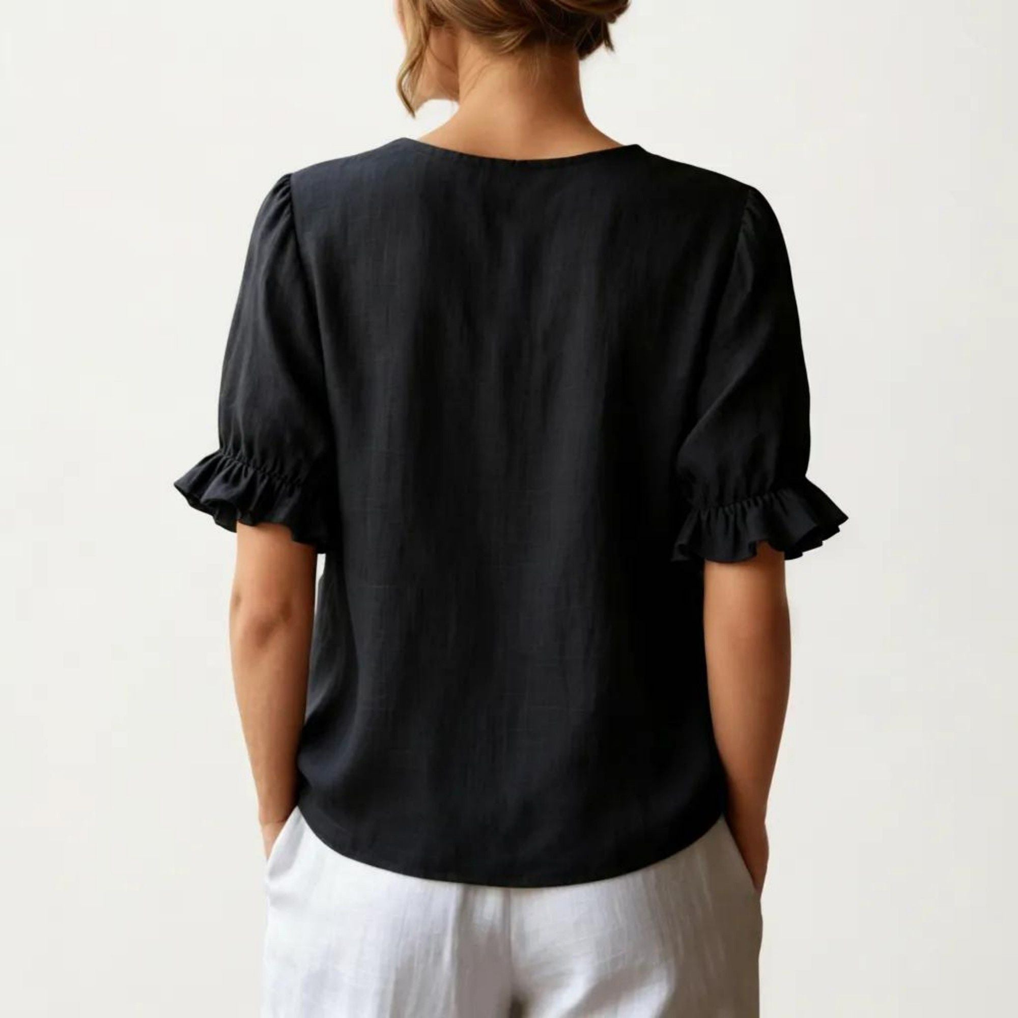 Anna-Kaci Women's Ruffle Neck Blouse with Short Puff Sleeves and Textured Linen-Like Fabric