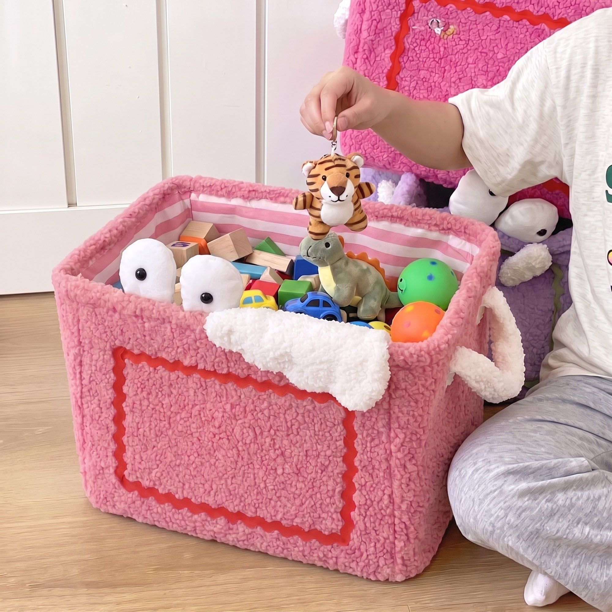 Kids Plush Storage Basket with Handles and Front Pocket