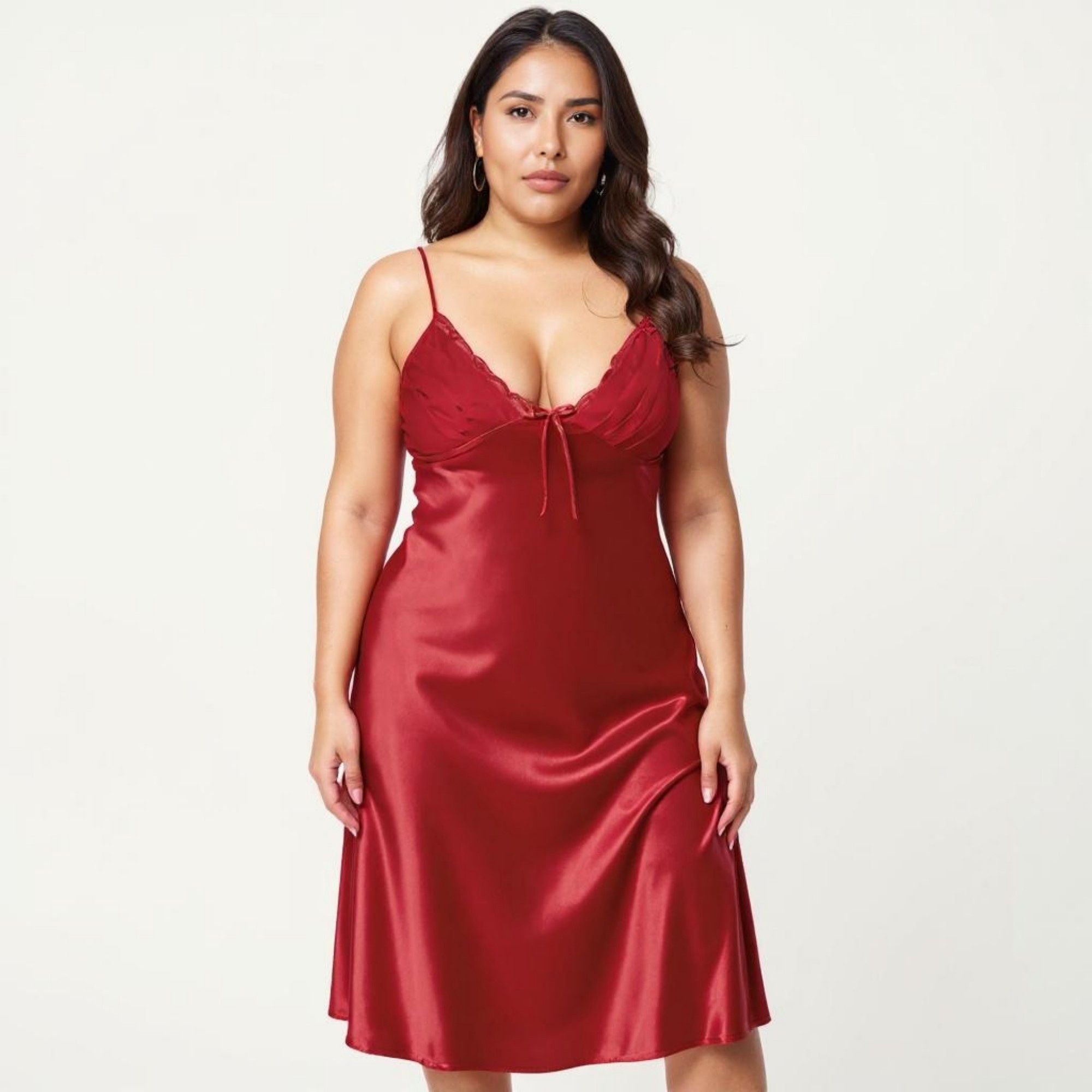 Anna-Kaci Lounge Women's Plus Size Satin Chemise Nightgown with Lace Trim Neckline Adjustable Straps Side Slit Slip Dress