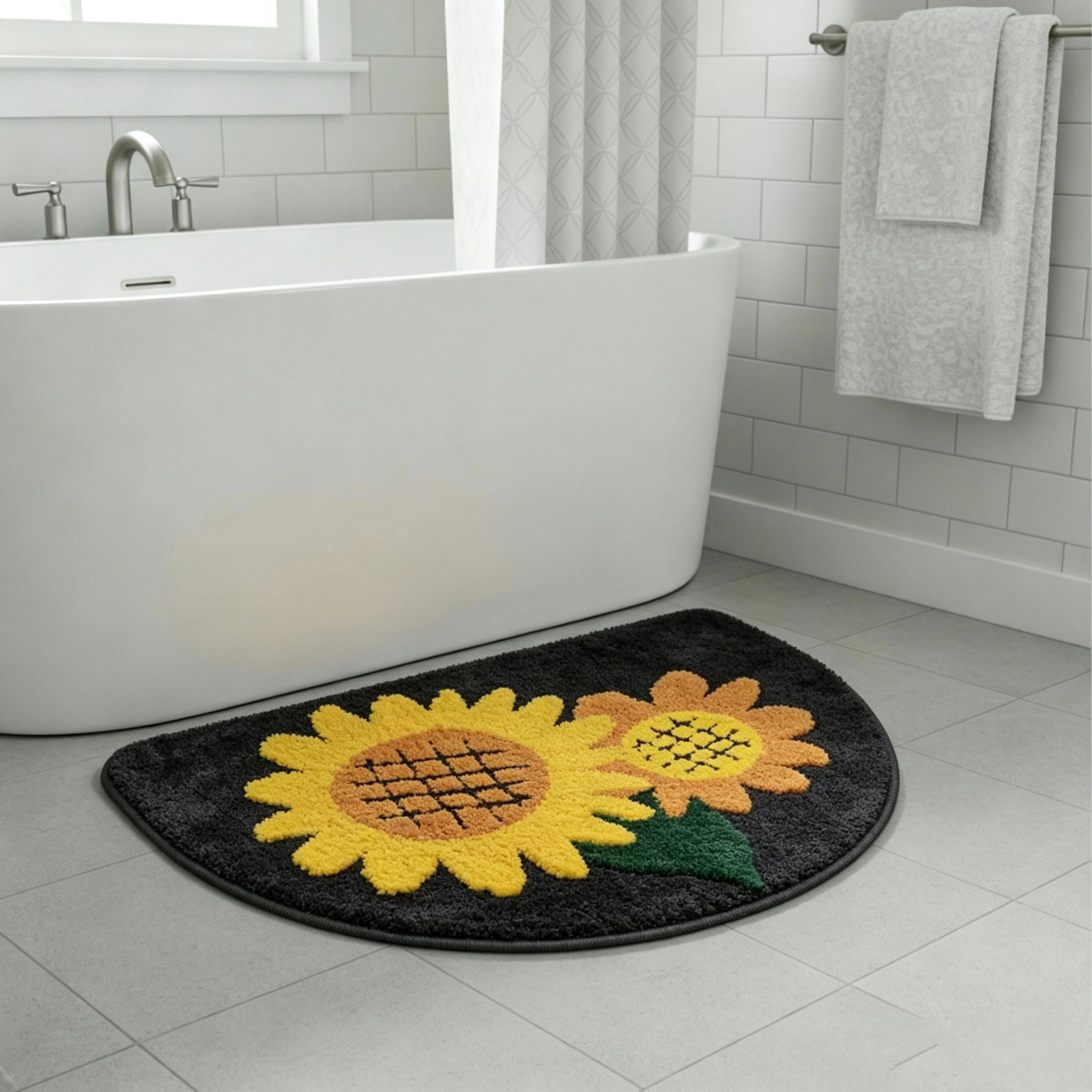 Sunflower Semicircular Bathroom Floor Mat Soft Water?Absorbent Rug with Anti?Slip Base