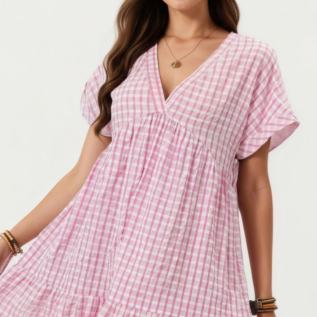 Anna-Kaci Women's Short Sleeve V Neck Plaid Mini Dress with Tiered Hem Loose Fit Casual Lightweight Summer Dress
