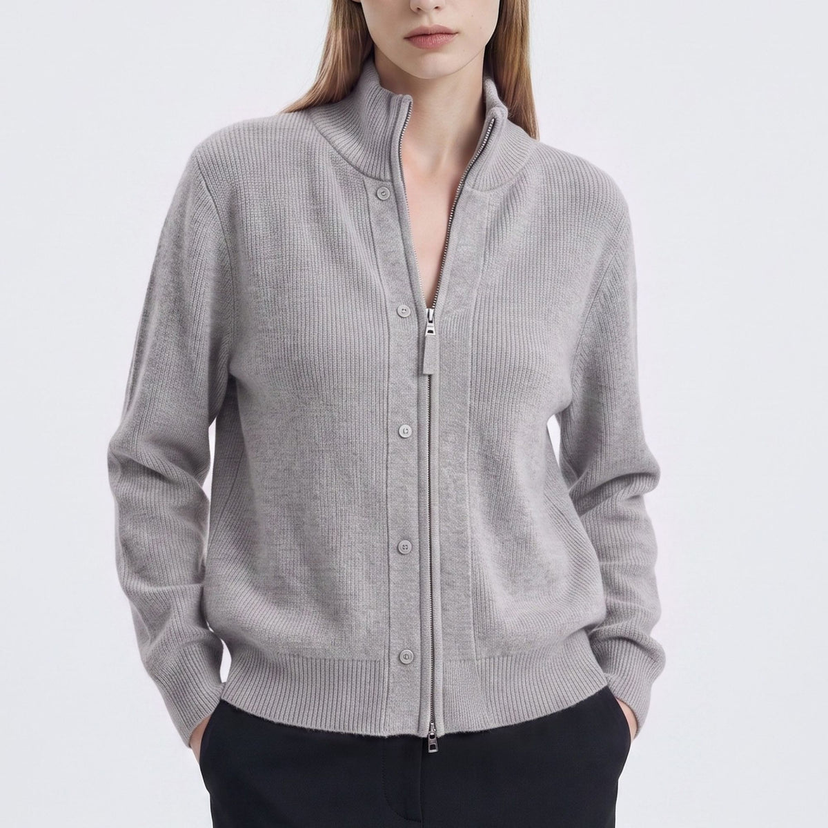 Mock Neck Zip-Front Knit Cardigan Sweater