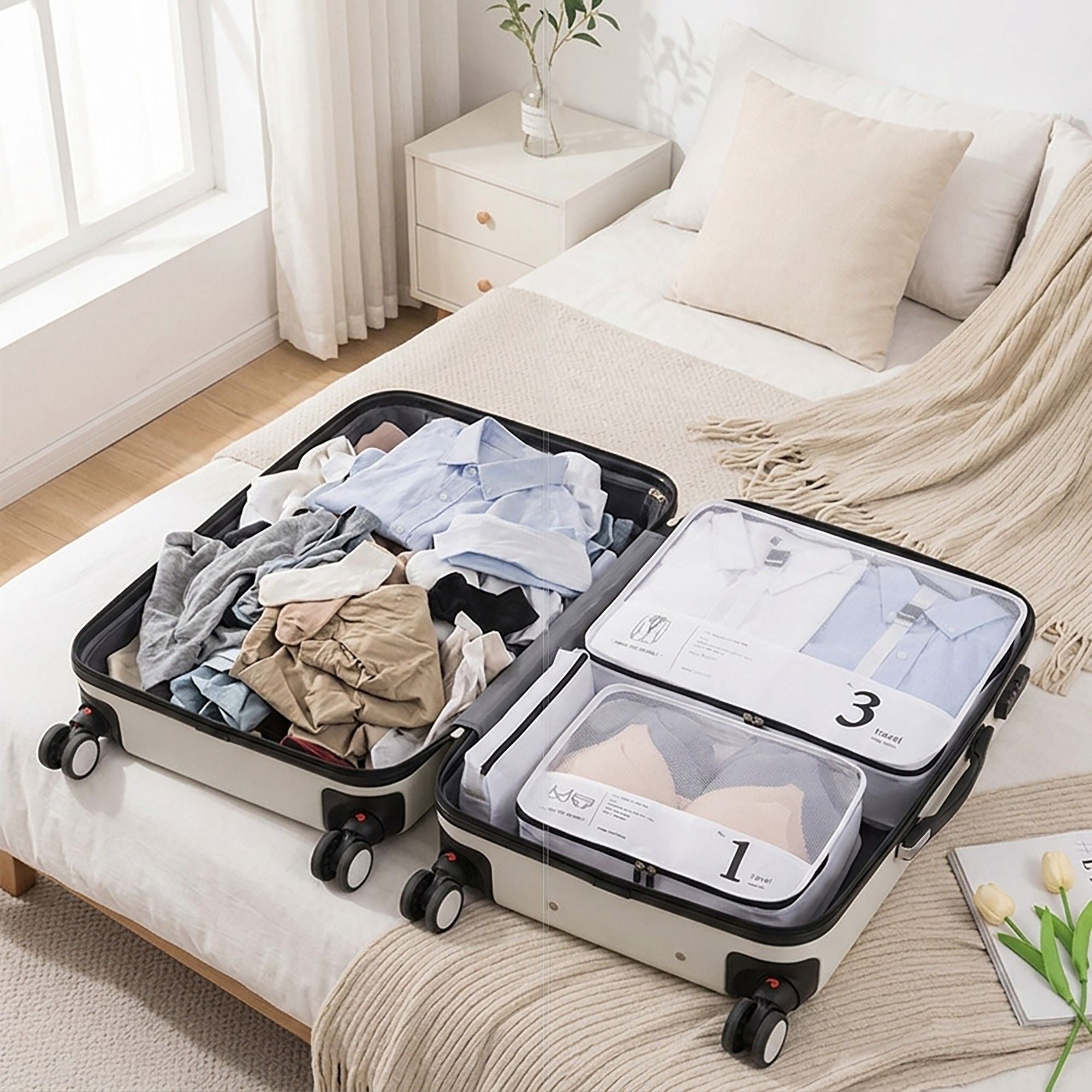 Travel Packing Cube Set with Mesh Organizer Bags Zipper Pouches Drawstring Storage Lightweight Luggage Set