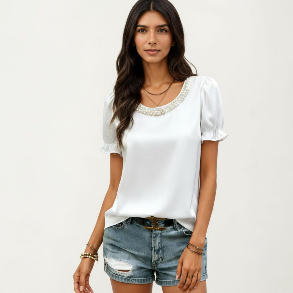Anna-Kaci Women's Satin Faux Pearl Neck Top with Puff Sleeves and Smooth Draped Finish