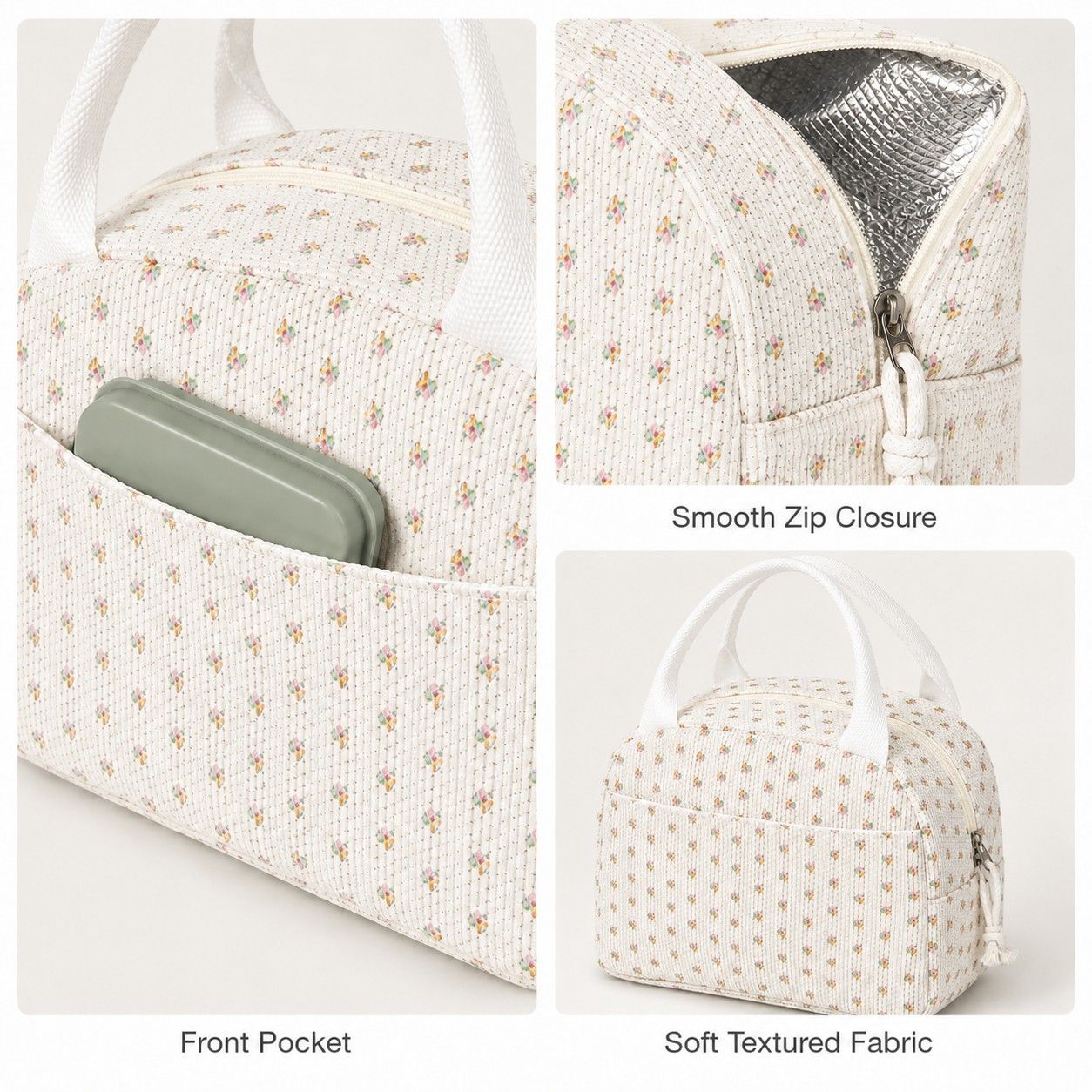 Printed Insulated Lunch Tote Bag with Double Handles and Zip Closure