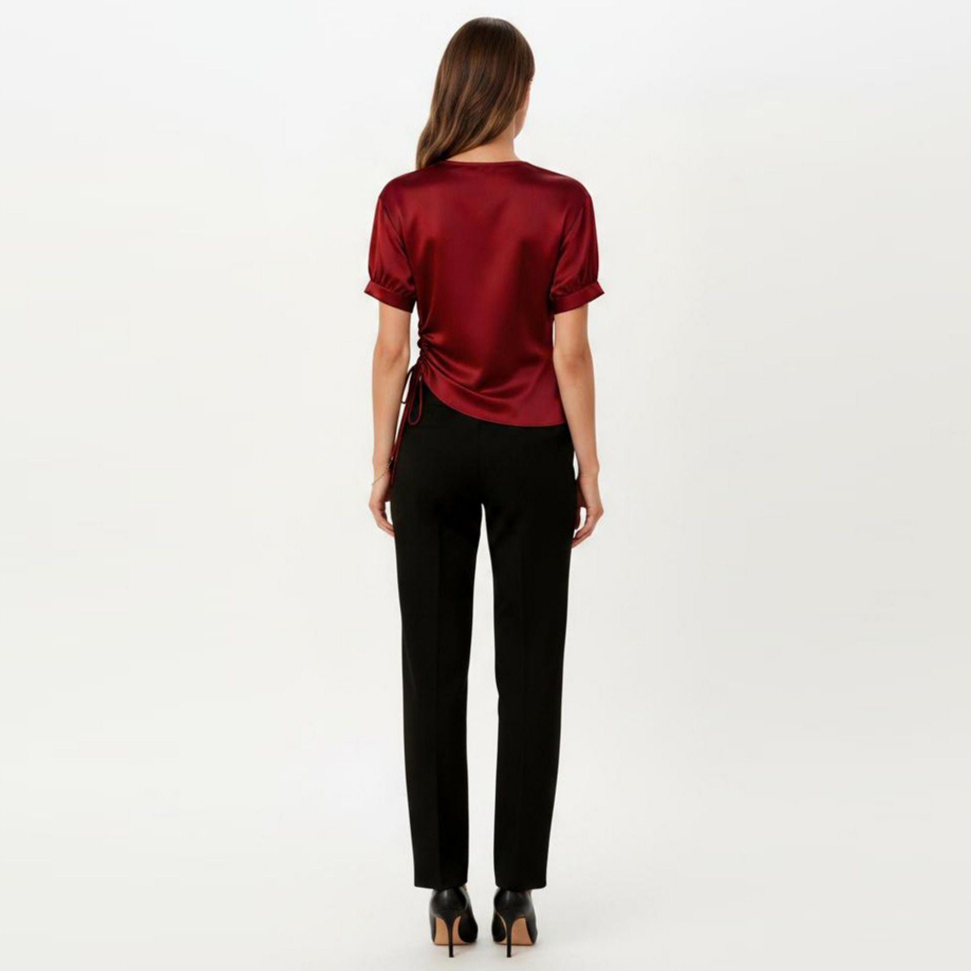 Anna-Kaci Women's Satin V Neck Blouse with Puff Sleeves and Side Ruched Drawstring