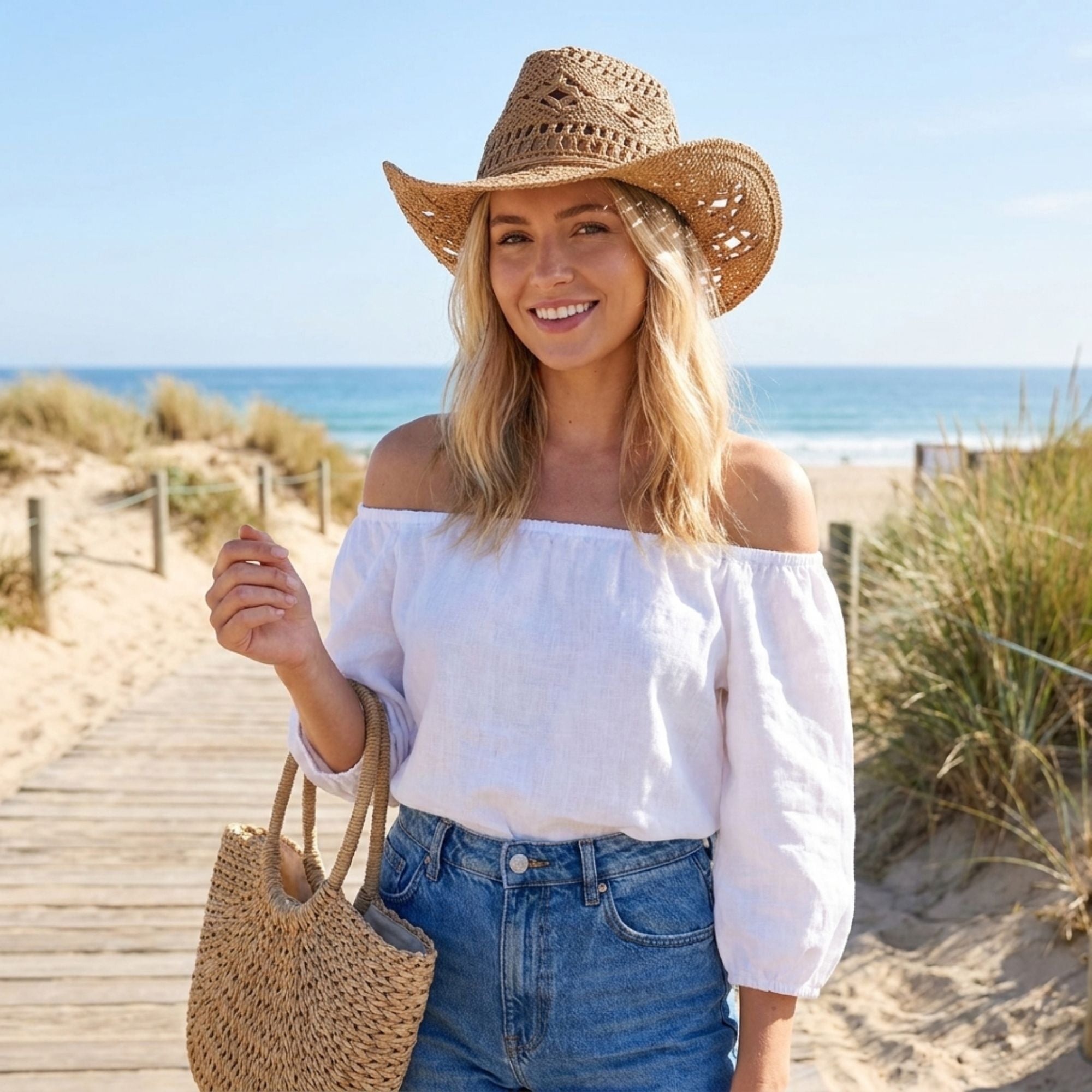 Open Weave Western Sun Hat with Wide Brim and Boho Floral Pattern