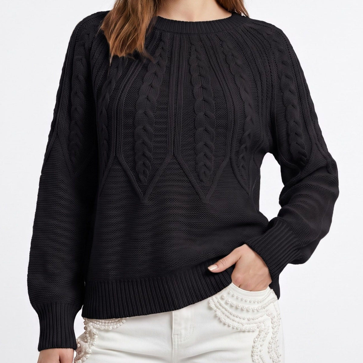 Cable Knit Crew Neck Long Sleeve Pullover Sweater