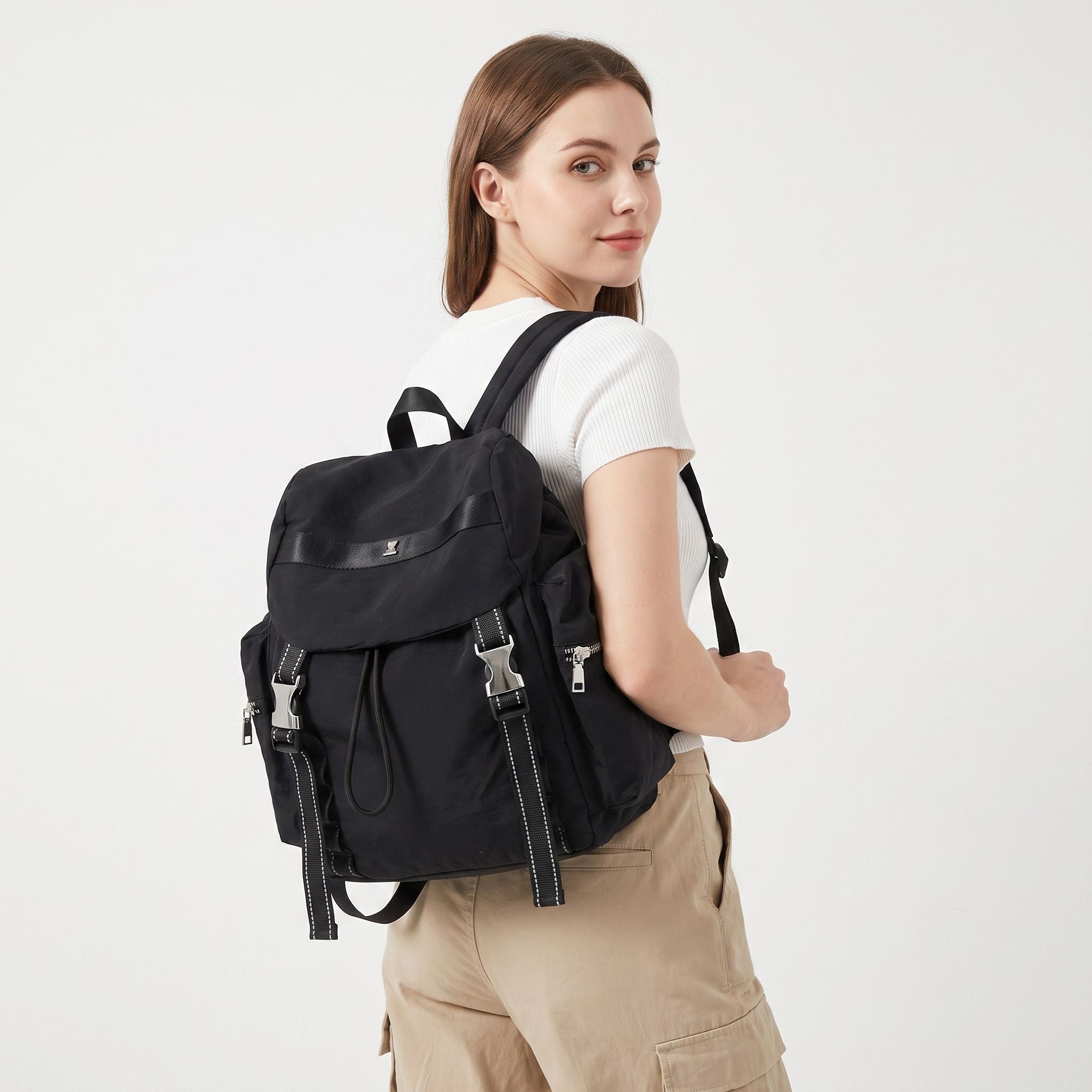 Flap Drawstring Backpack with Dual Buckle Straps and Zippered Side Pockets