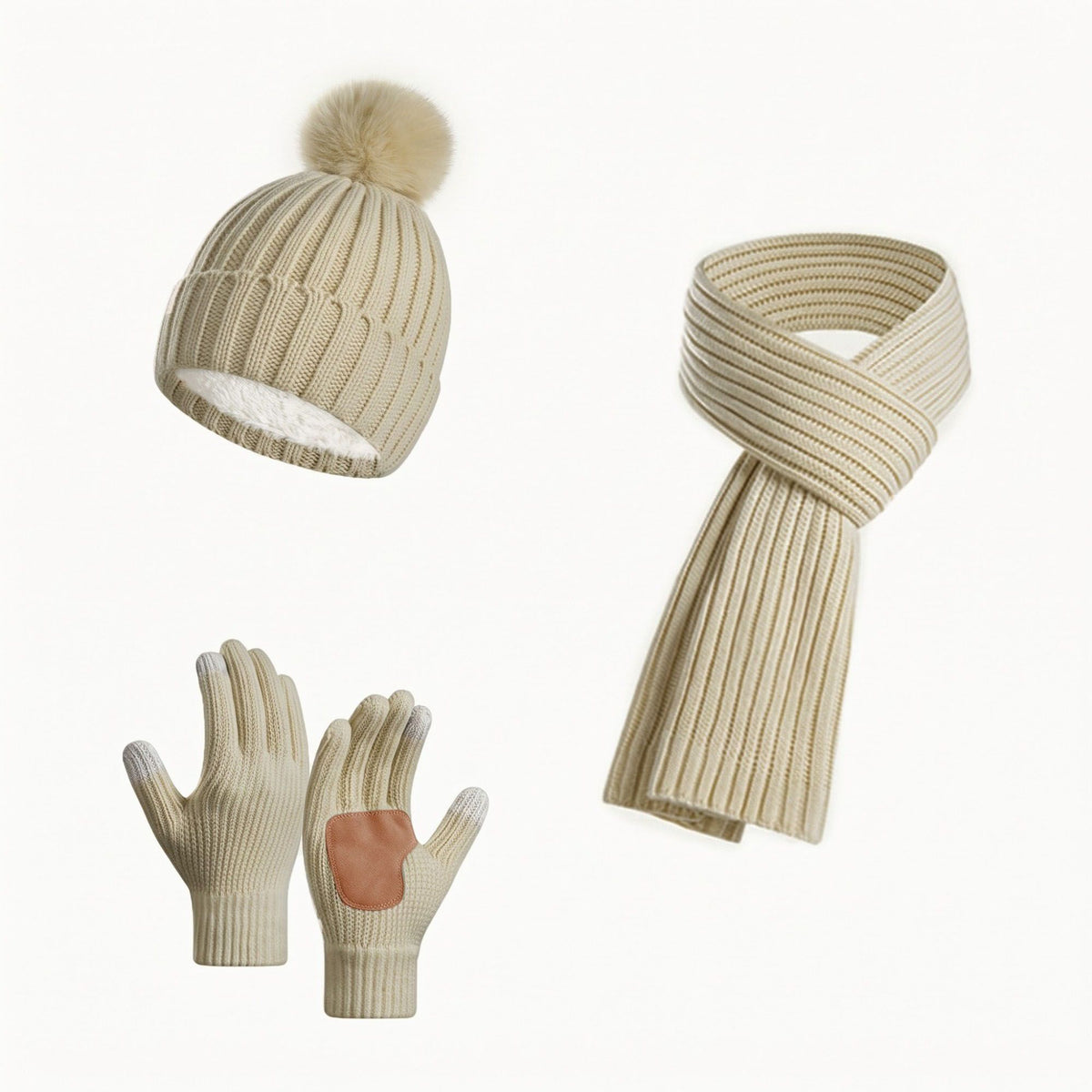 3 Piece Pom Beanie Scarf and Touchscreen Gloves Winter Set