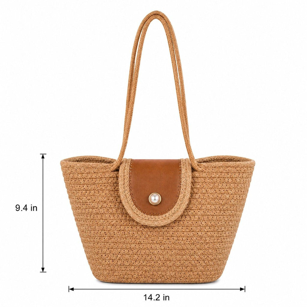 Woven Rope Tote Bag with Flap Cover Pearl Button Large Capacity Shoulder Carryall