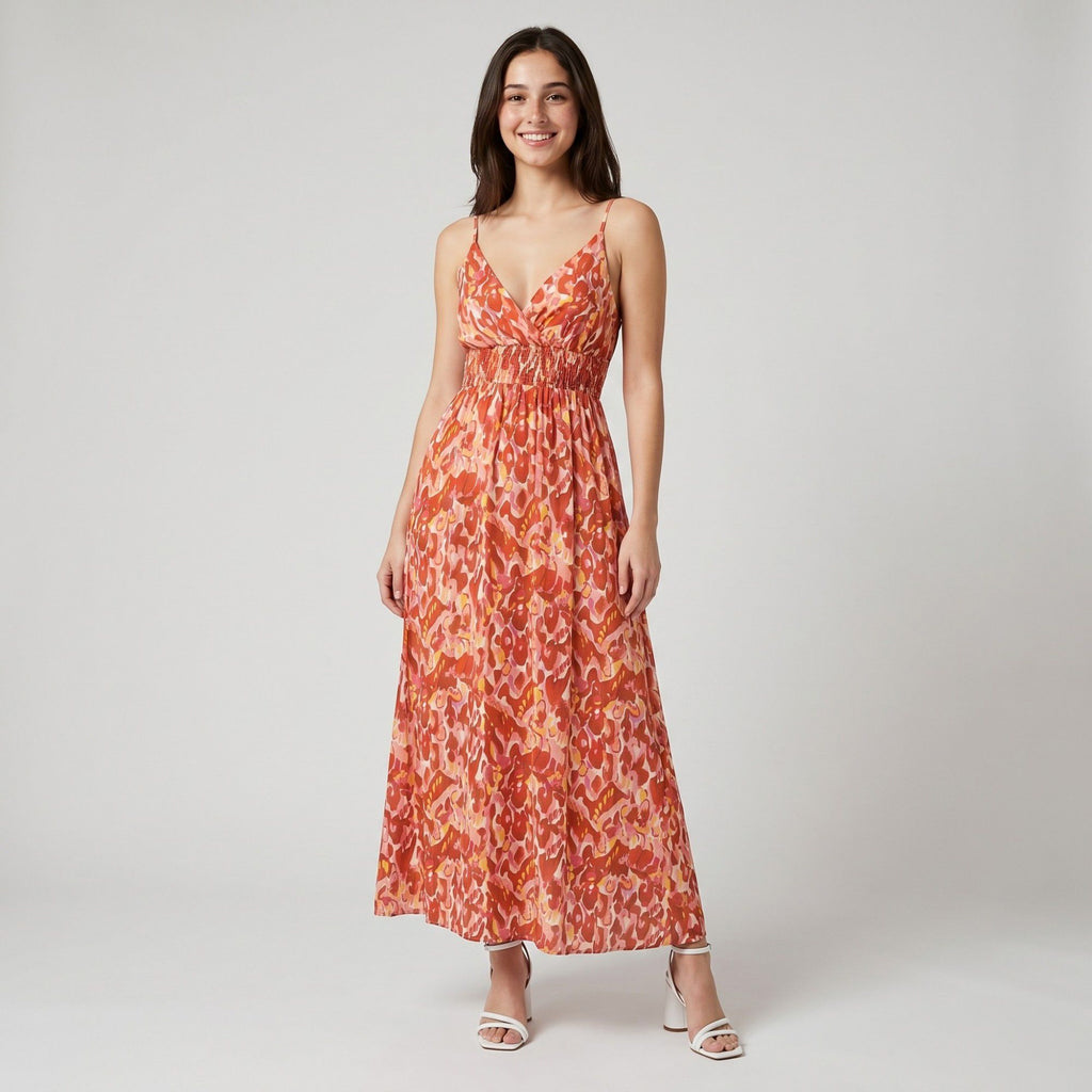 Abstract Floral Print Smocked Waist Spaghetti Strap V-Neck Maxi Dress with Surplice Bodice and Flowy Skirt