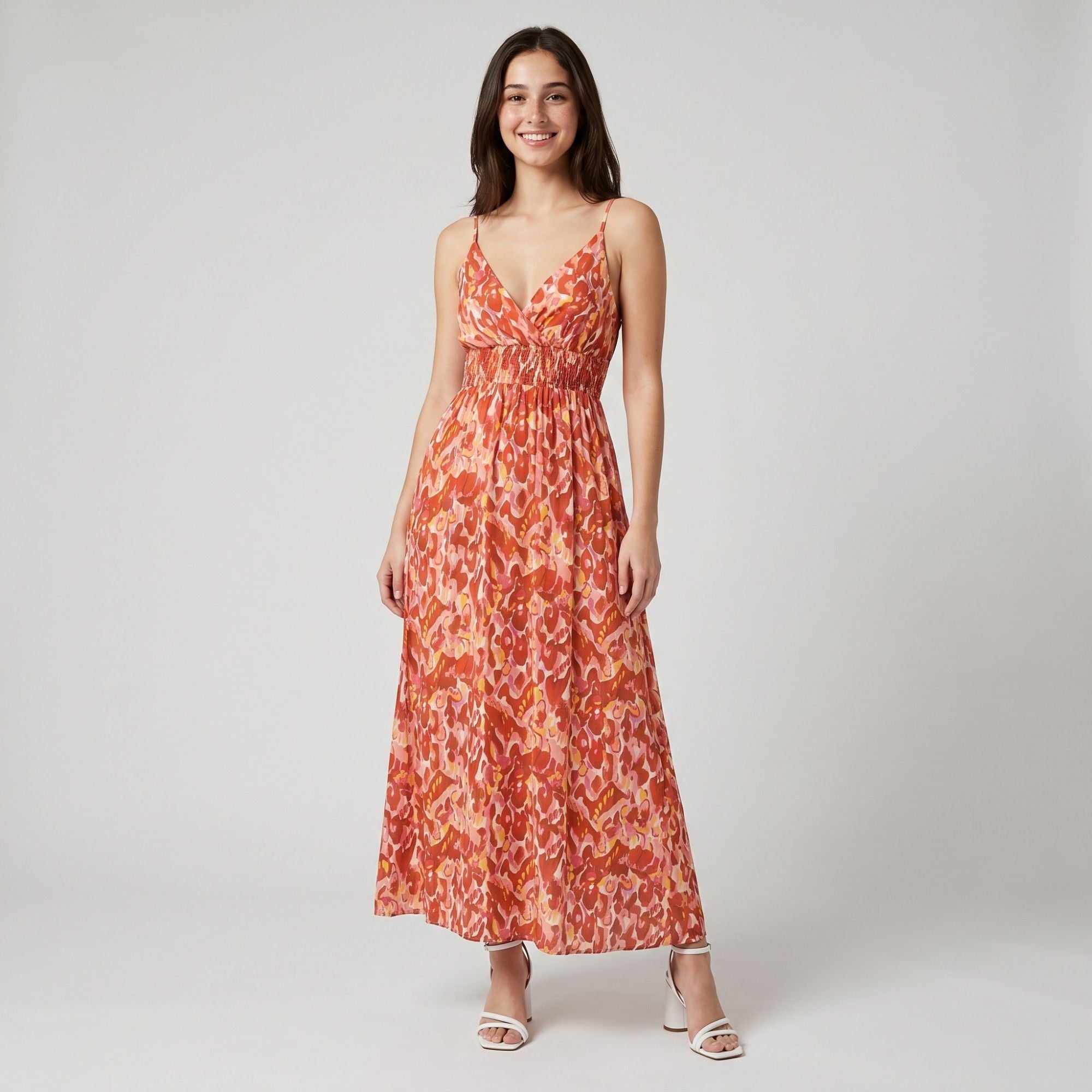 Abstract Floral Print Smocked Waist Spaghetti Strap V-Neck Maxi Dress with Surplice Bodice and Flowy Skirt