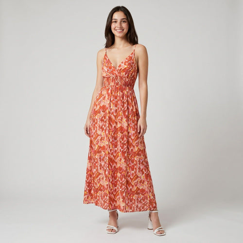 Abstract Floral Print Smocked Waist Spaghetti Strap V-Neck Maxi Dress with Surplice Bodice and Flowy Skirt