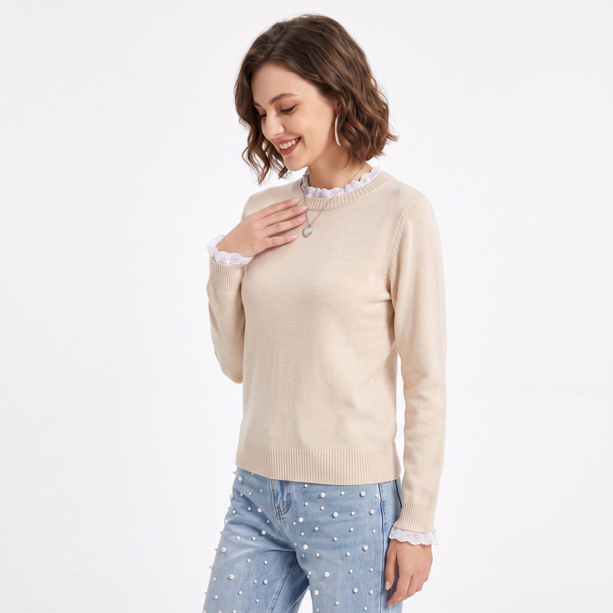 Lace Trim Crew Neck Sweater Long Sleeve Ribbed Hem Classic Knit Pullover