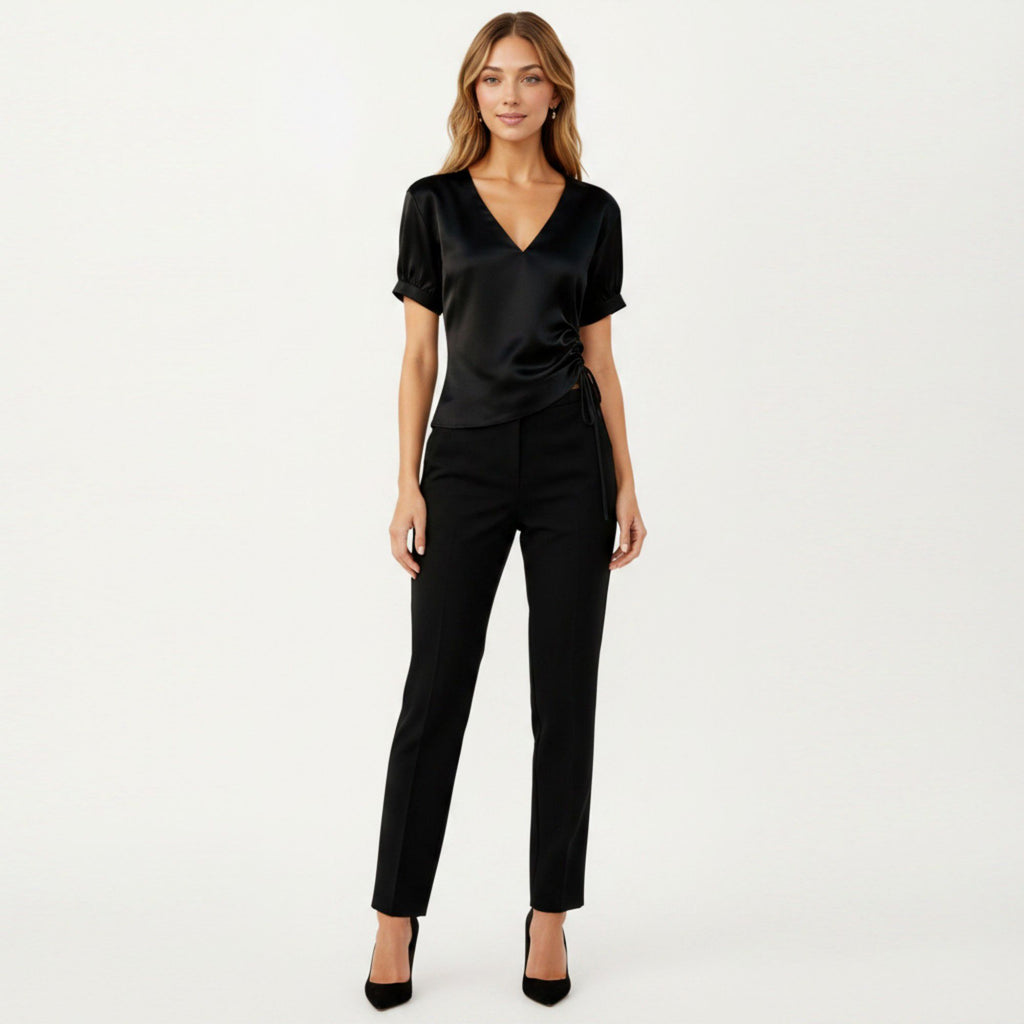 Anna-Kaci Women's Satin V Neck Blouse with Puff Sleeves and Side Ruched Drawstring