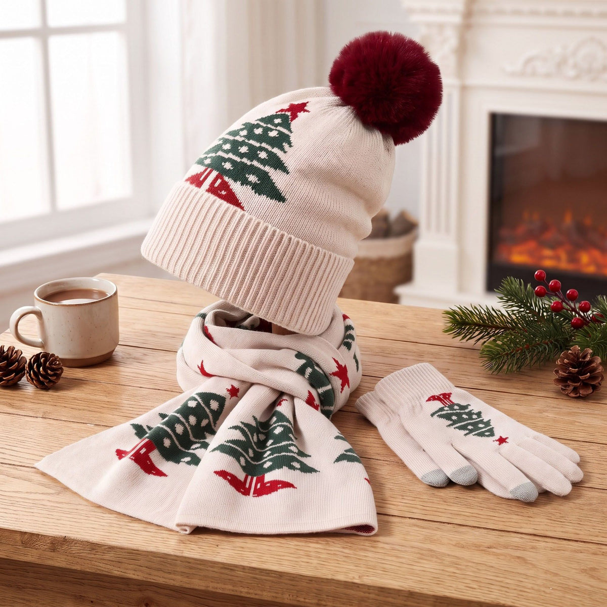 3 Piece Christmas Tree Beanie Scarf and Touchscreen Gloves Set