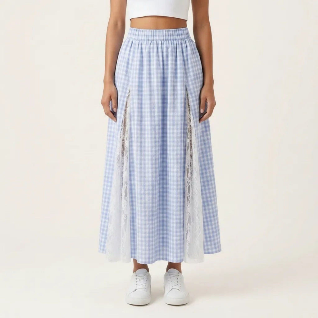 Anna-Kaci Women's Gingham Maxi Skirt Lace Panel High Waist A Line Flowy Lightweight Casual Skirt