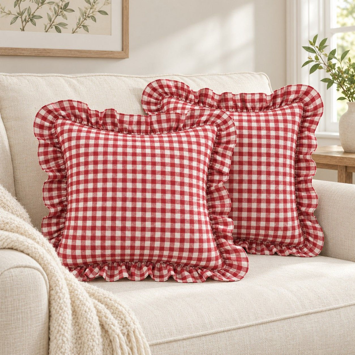 2 Pack Gingham Check Ruffle Throw Pillow Covers 18 x 18 Inch