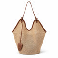 Woven Straw Style Tote Bag Large Capacity Shoulder Bag with Faux Leather Trim