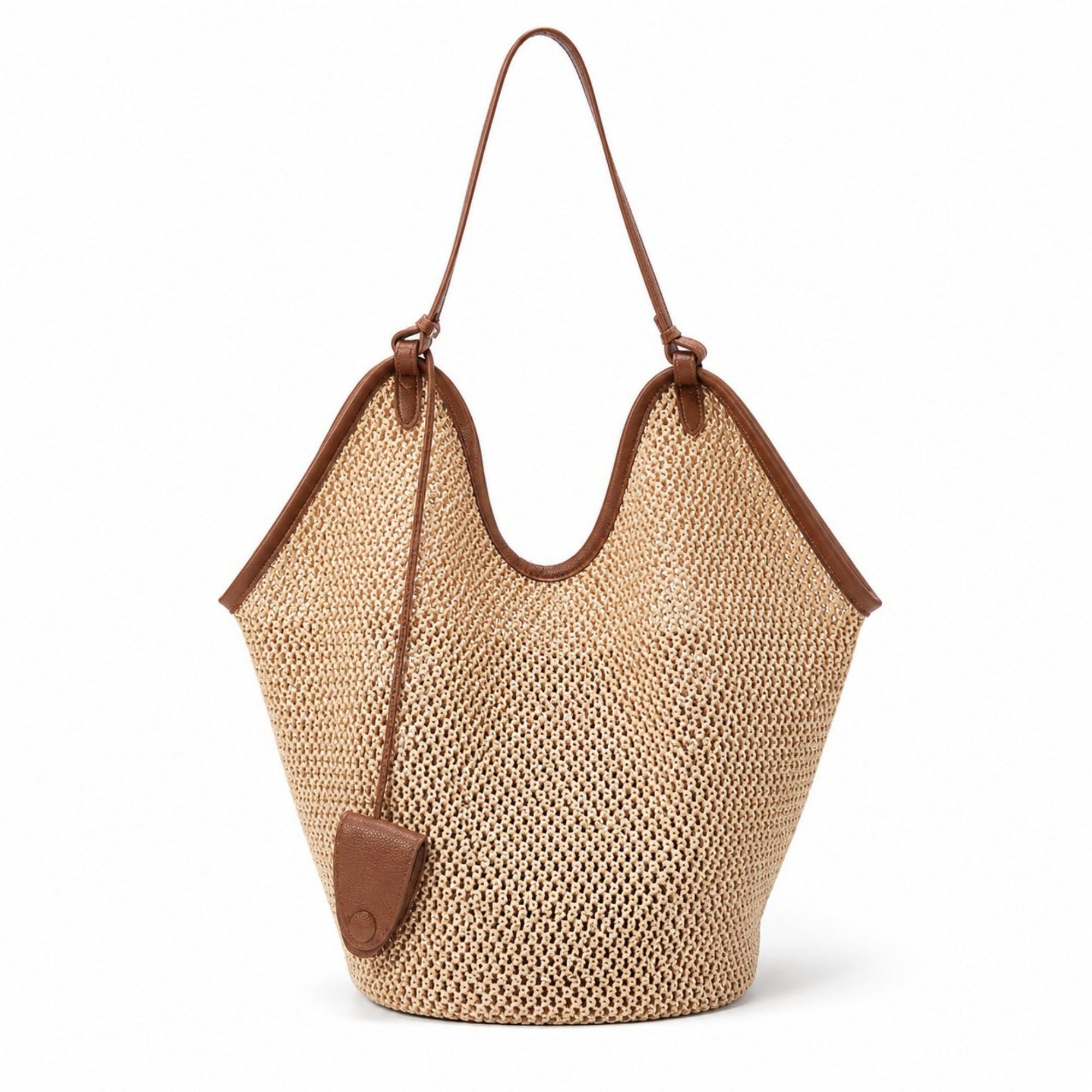 Woven Straw Style Tote Bag Large Capacity Shoulder Bag with Faux Leather Trim