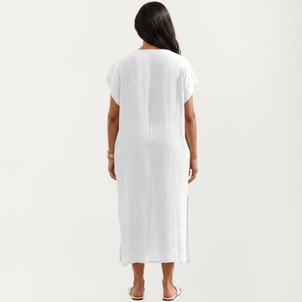 Anna-Kaci Women's Maxi Swim Cover Up Dress with Crochet Trim V Neck Short Sleeves Relaxed Lightweight Fit