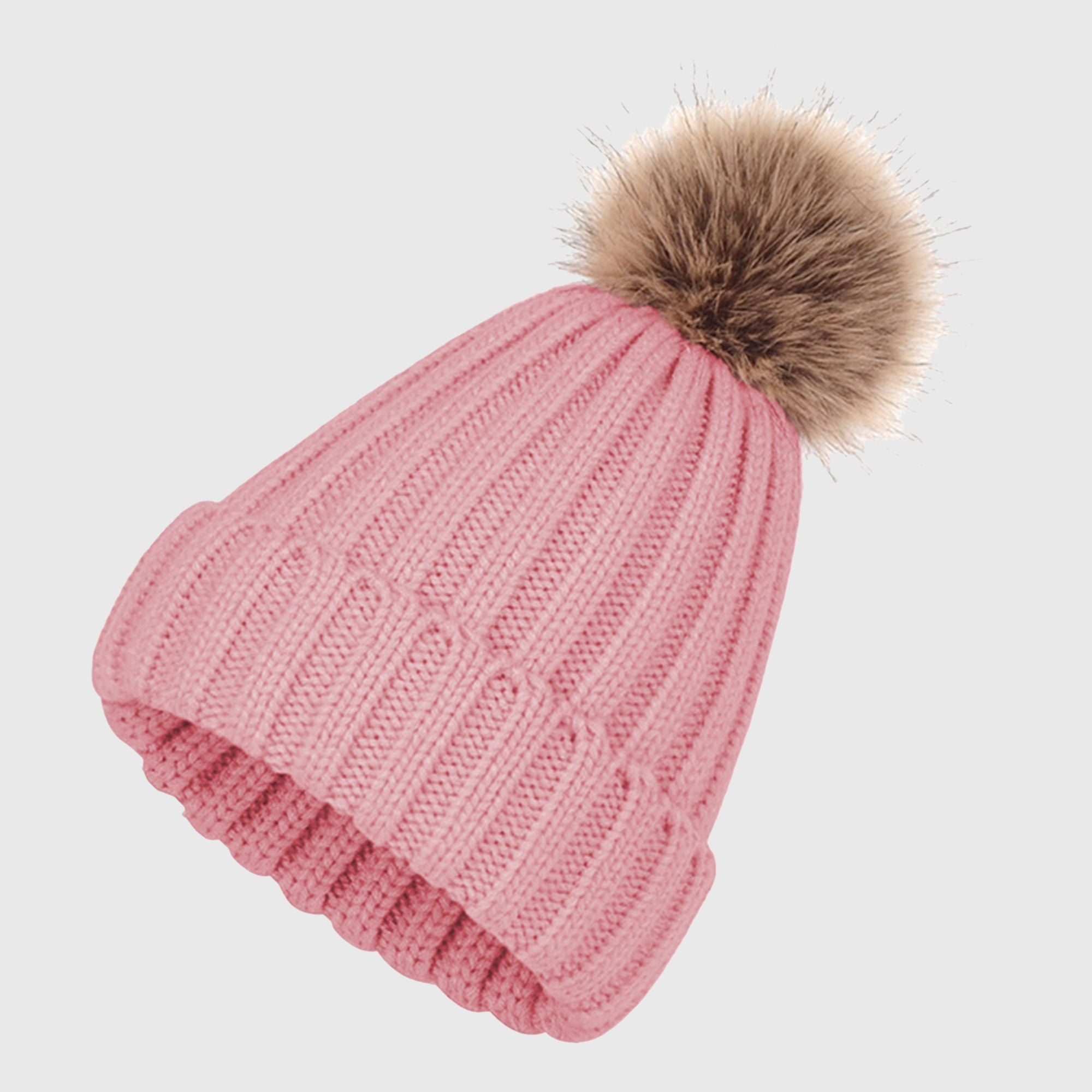 Anna-Kaci Women's Cable Knit Beanie with Faux Fur Pom-Pom - Warm Stretchy Winter Hat for Casual Daily Wear