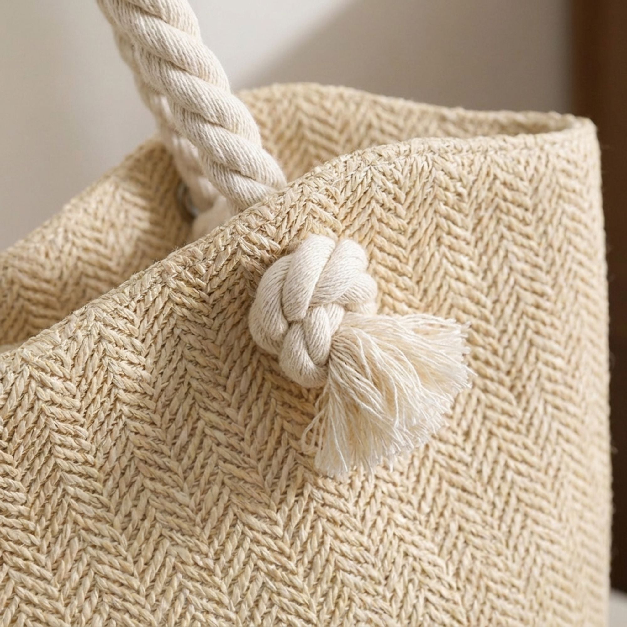 Woven Look Tote Bag with Rope Handles and Zipper Closure