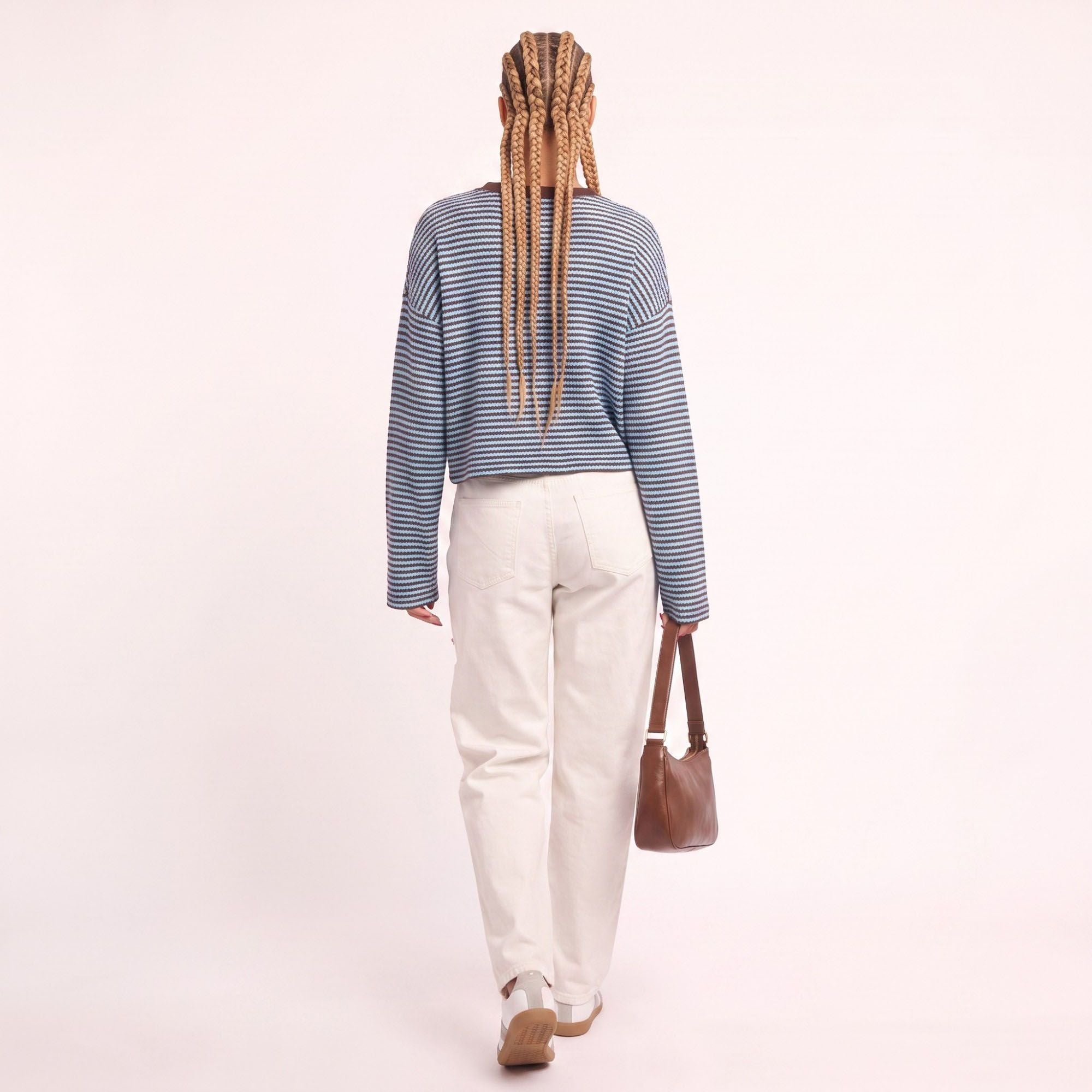 Striped Textured Knit Drop Shoulder Cropped Sweater