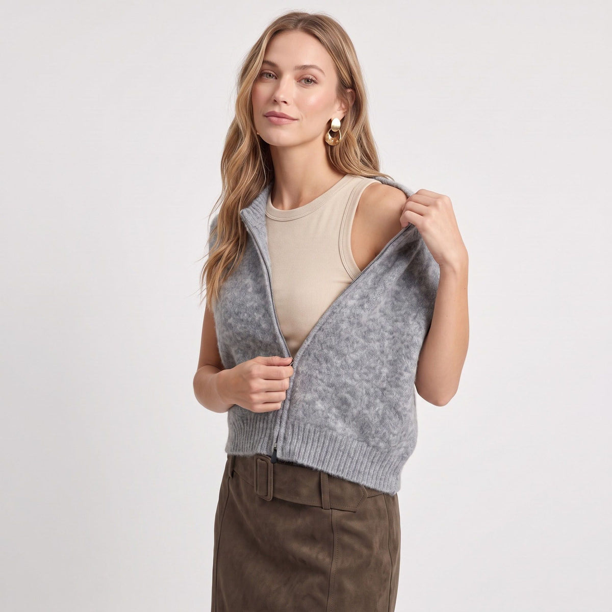 Sleeveless Full Zip Knit Sweater Vest