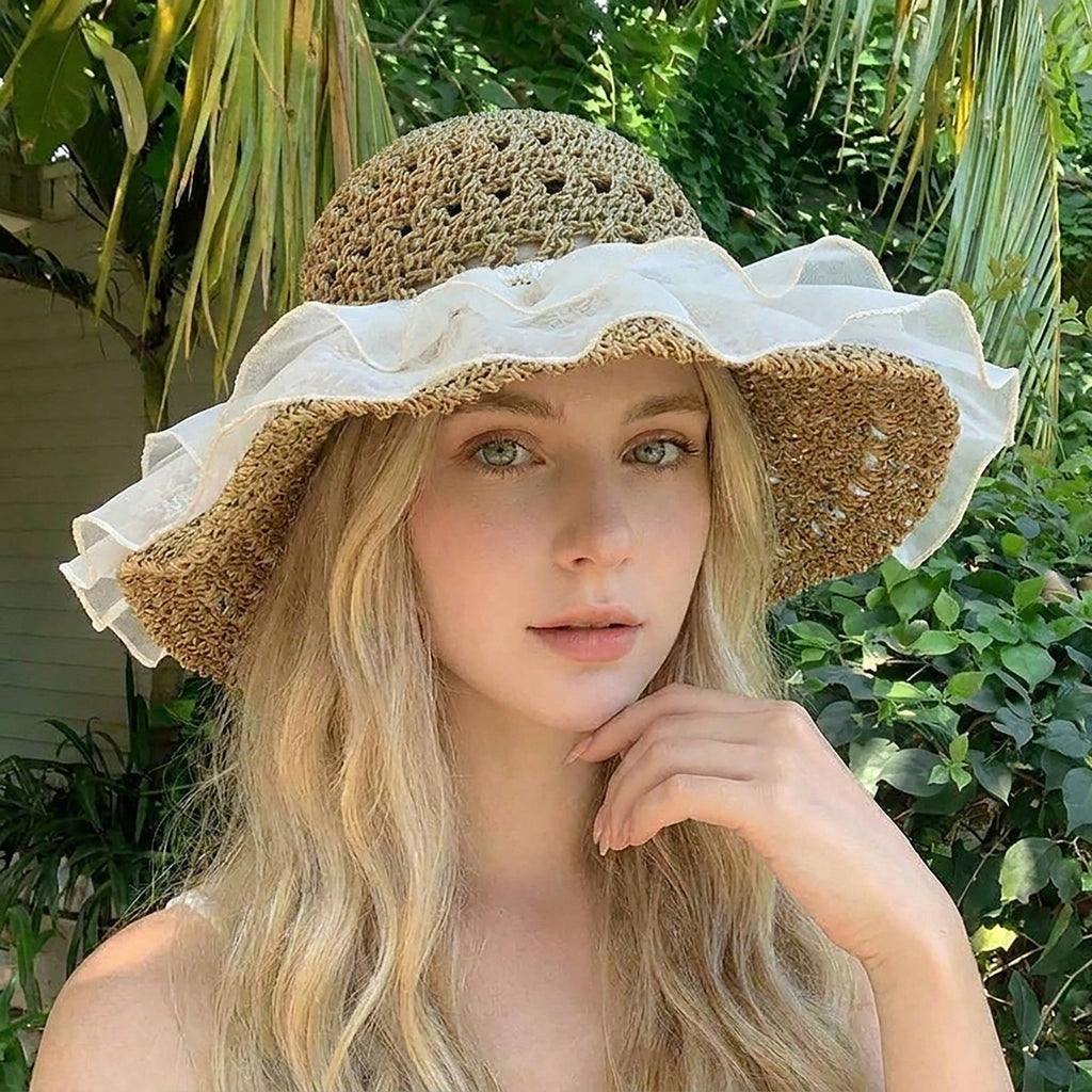 Crochet Sun Hat with Sheer Ruffle Wide Brim and Pearl Trim Detail