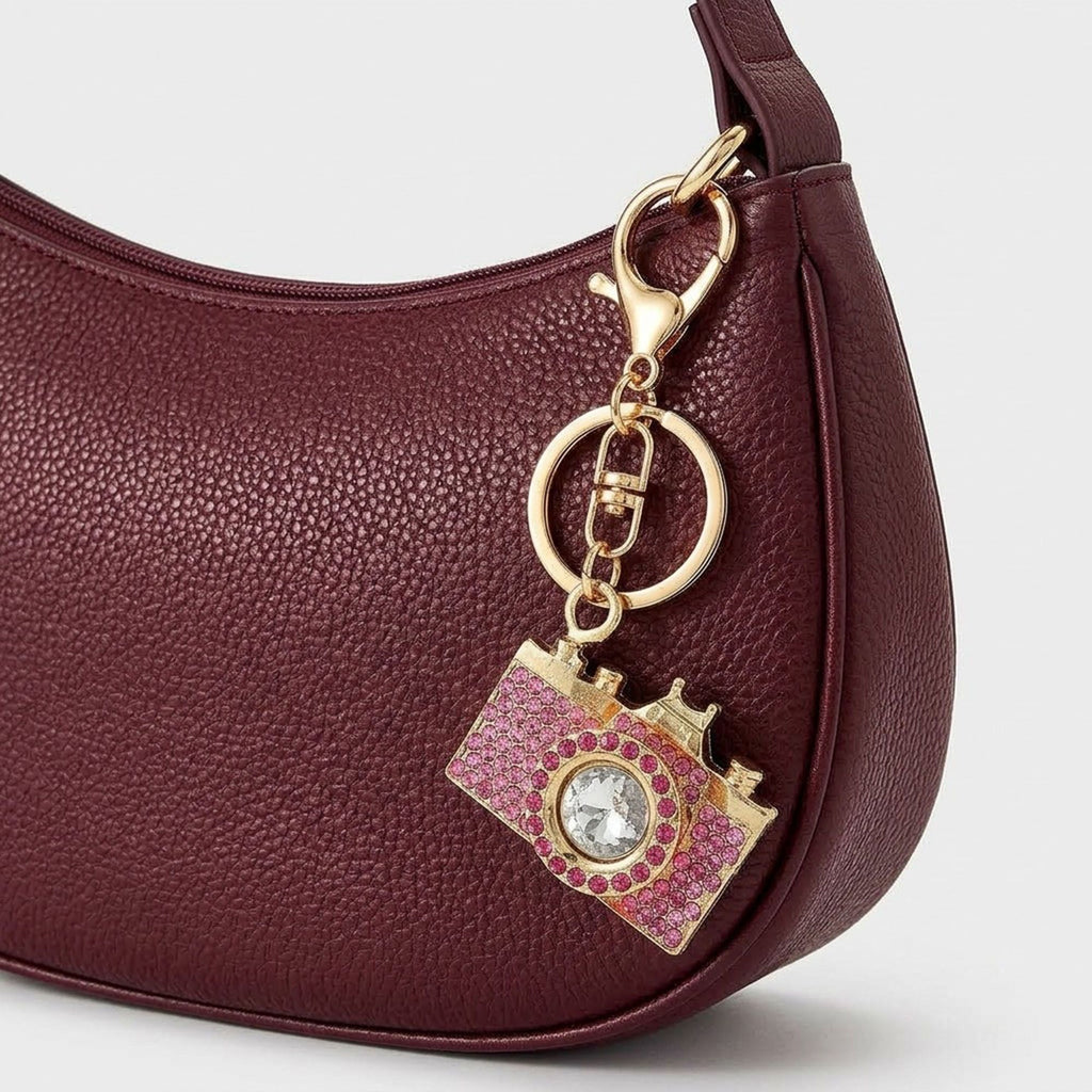 2pc Camera Rhinestone Keychain Bag Charm with Lobster Clasp and Key Ring