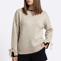 Contrast Trim Crewneck Sweater with Bow Tie Cuffs