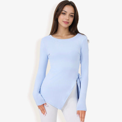 Long Sleeve Side-Tie Activewear Top with Asymmetric Hem