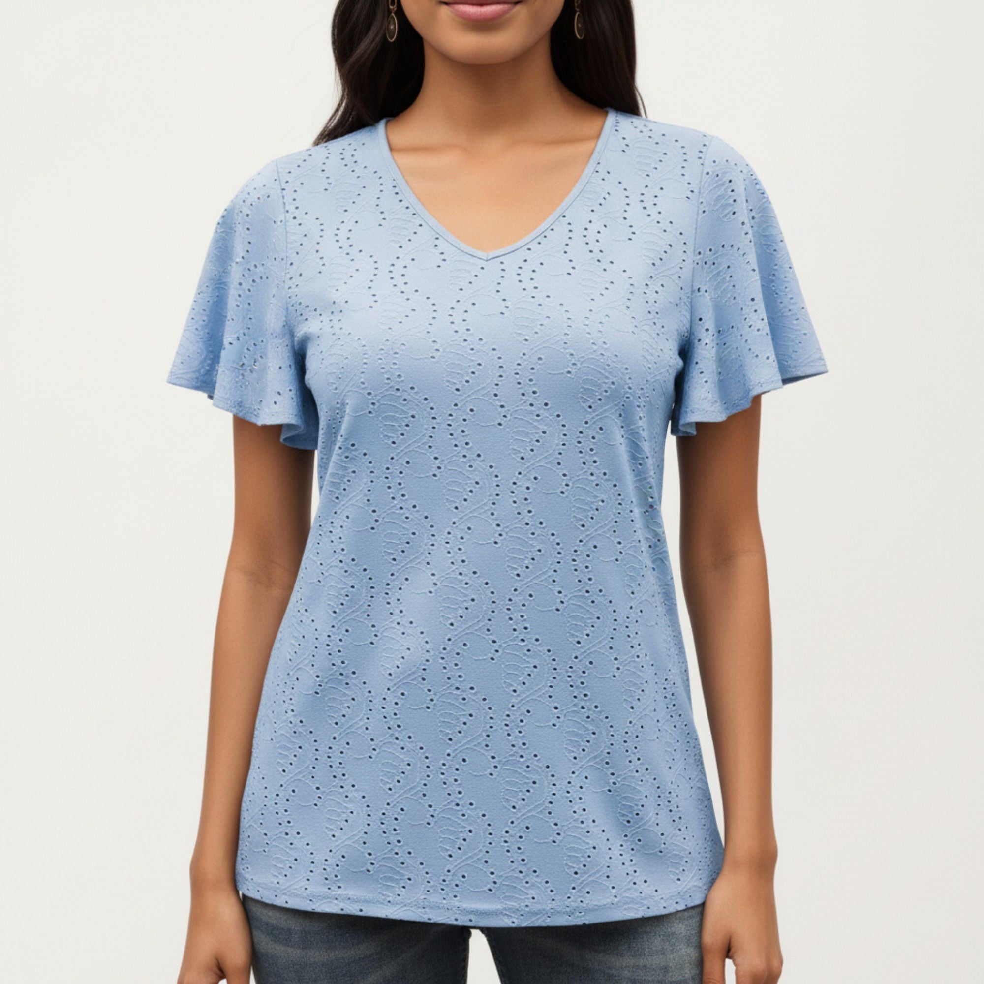 Anna-Kaci Women's Short Sleeve Eyelet V-Neck Top with Floral Embroidery and Flutter Sleeves
